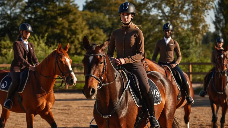 Piccolo gruppo di principianti con il casco che conduce i cavalli in fila nel campo