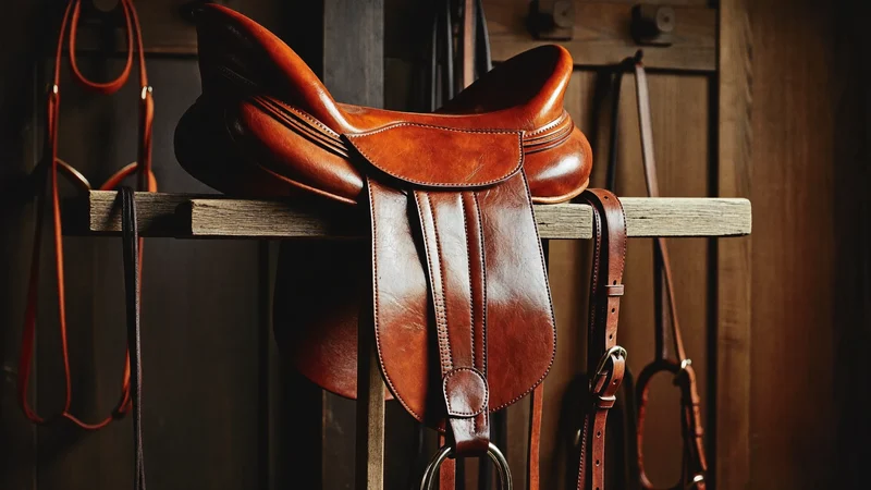 Sella e briglia in cuoio appese a un supporto in legno nella selleria